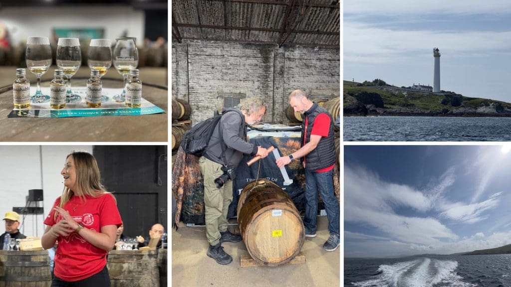 „Julieann's drams" in der Filling Station - unsere vier Drams füllen wir selber in die Gläser, Karsten füllt seine Flasche selbst ab und Bootstour Richtung Leuchtturm